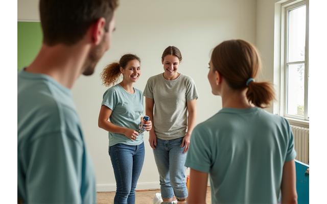 Akos GmbH team members working alongside local volunteers on a community center renovation project, demonstrating local partnership.