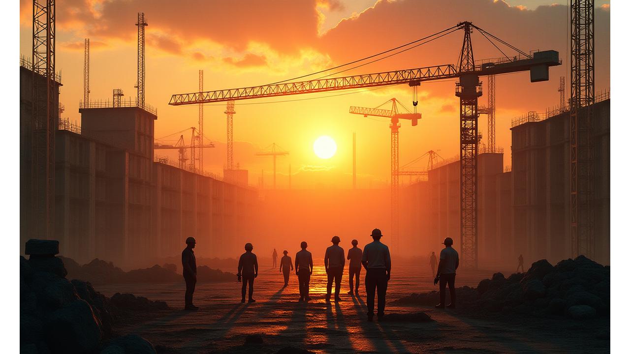 Panoramic view of a modern Akos GmbH construction site at sunset, workers in silhouette, showcasing blend of traditional craftsmanship and sustainable innovation.