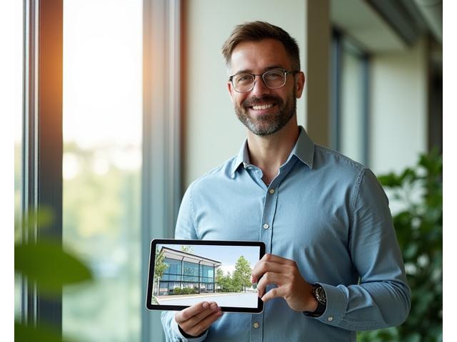 Portrait of Klaus Richter, Head of Sustainable Construction at Akos GmbH, overseeing a green building blueprint.