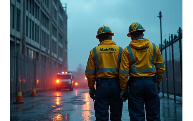 Emergency response team assessing storm damage on a commercial building roof with a ladder and emergency vehicle lights in the background, showing urgency and professionalism