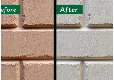 Before and after of a residential brick facade, showing damaged grout and cracks repaired to a pristine, unified appearance