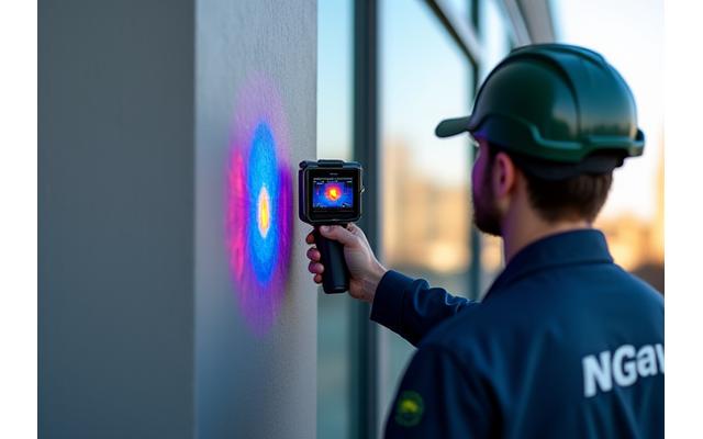 Thermal imaging camera scanning a building facade, revealing heat signatures indicating insulation flaws or air leaks