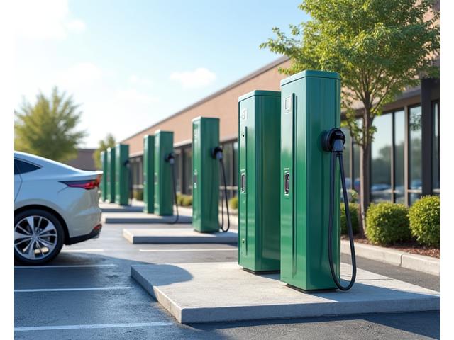 Sleek commercial EV charging stations installed in a modern office park parking lot, ready for use by employees and visitors.