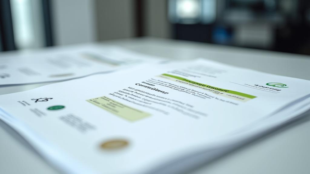 Close-up of a compliance certificate or safety standard document next to a modern EV charger, emphasizing strict adherence to regulations.