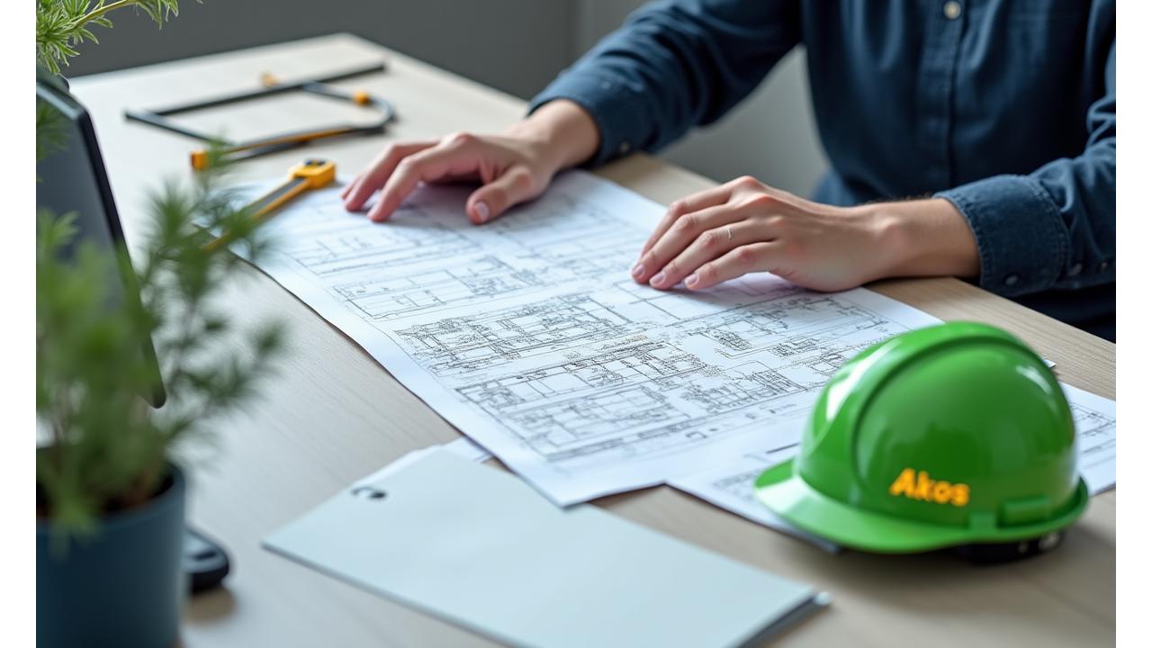 Architectural blueprints or digital plans for an EV charging station layout, with a construction helmet and measuring tools, symbolizing careful planning and engineering.
