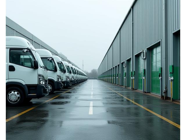 Robust EV charging infrastructure within a commercial fleet depot, showing multiple charging bays ready for delivery vehicles.