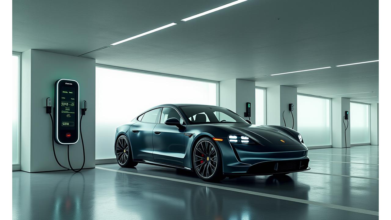 Modern electric vehicle charging station in a well-lit, futuristic parking garage, an electric car charging, conveying innovation and forward-thinking design.