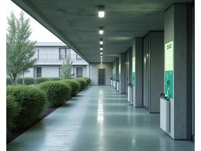 Residential EV charging stations gracefully integrated into an apartment complex parking area, offering convenient charging for residents.