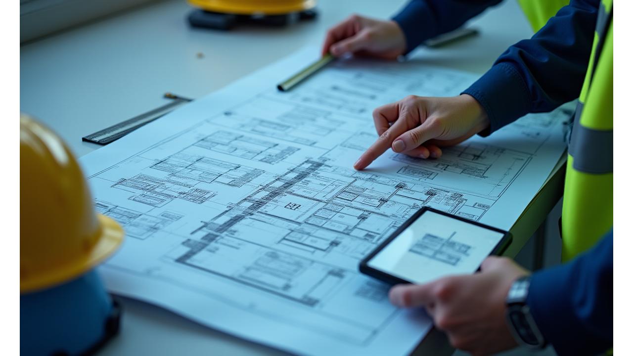 A schematic view of an EV charging installation process, showing elements like wiring, conduits, and a charging unit, with engineers reviewing blueprints.