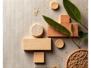 Diverse collection of natural building materials, indicating local sourcing, with a subtle map in the background.