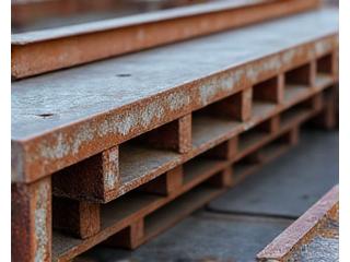 Close-up of recycled steel beams in a construction setting.