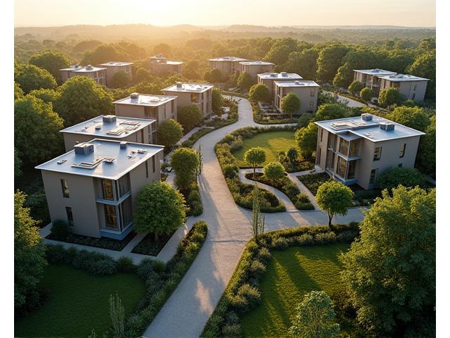 Aerial view of a sustainable community with green spaces, shared gardens, and energy-efficient homes.