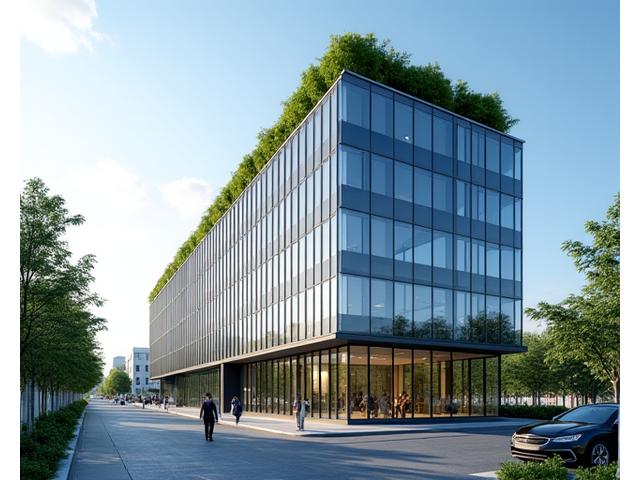 Modern LEED-certified commercial office building with green roof and large windows, reflecting a blue sky.