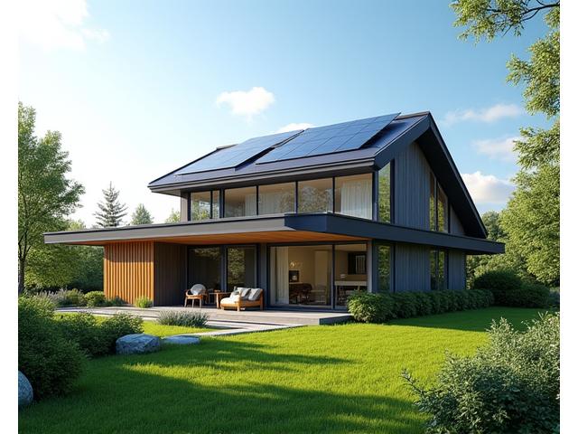 Stunning net-zero energy home with solar panels integrated into the roof, surrounded by lush green landscaping.