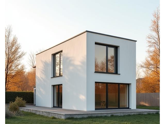 Exterior view of a contemporary passive house with thick insulated walls and triple-glazed windows, designed for minimal heat loss.