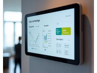 Tablet displaying smart home energy dashboard in a modern, well-lit living room.