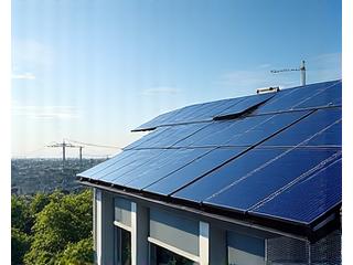 Modern solar panels on a building roof under clear blue sky, generating clean energy.