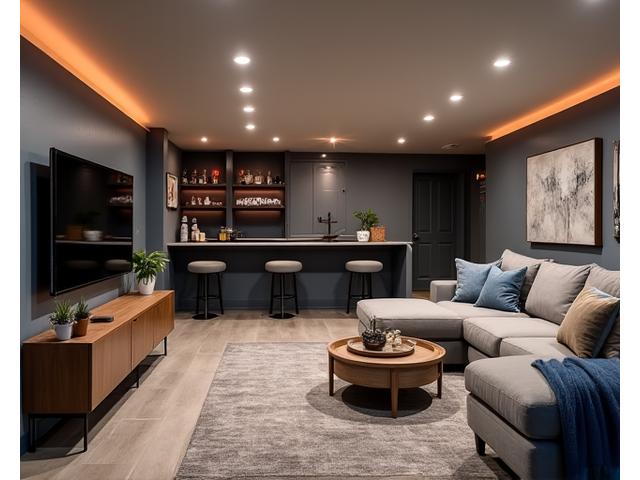 Cozy finished basement converted into a modern entertainment room with a bar and comfortable seating