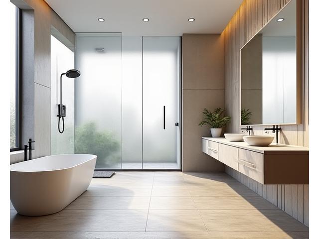 Luxurious and modern bathroom after remodel with large walk-in shower, freestanding tub, and elegant tiling