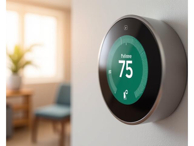 Smart thermostat on a wall displaying energy savings, surrounded by subtle hints of modern home technology