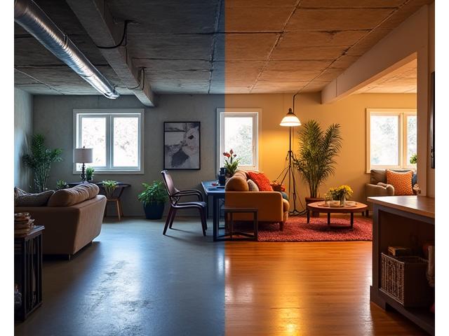 Before and after of a dark, unfinished basement transformed into a vibrant and functional home office and entertainment zone
