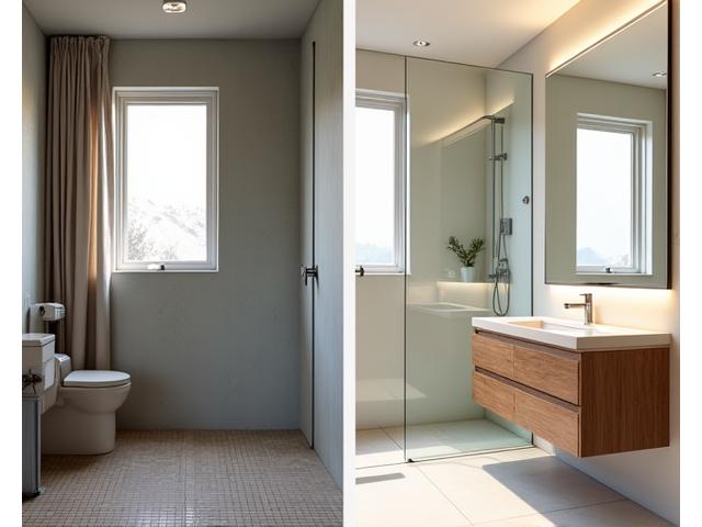 Before and after of a bathroom renovation, showing an old, tiled bathroom transformed into a sleek, minimalist space with a floating vanity and walk-in shower