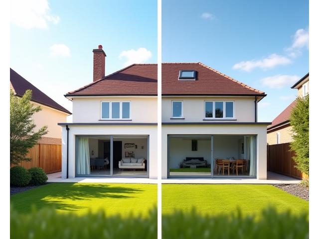 Before and after of a home extension, showing a plain exterior transformed with a seamless new addition, creating an open-plan family room