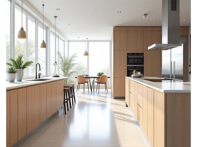 A modern, bright renovated kitchen with new countertops, stainless steel appliances, and ample natural light