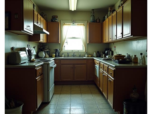 A tired, outdated kitchen before renovation, featuring old appliances and dimly lit space