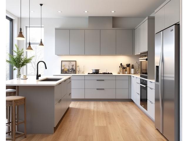 Modern kitchen interior with sleek design featuring new cabinets, island, and lighting