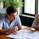 Team of architects and designers consulting with a homeowner over blueprints and material samples