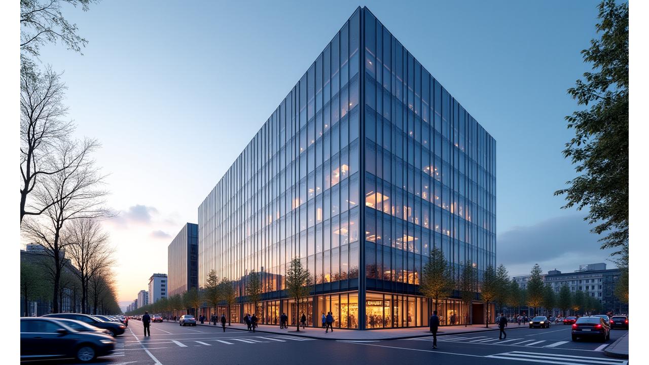 Sleek glass and steel commercial office building at sunset