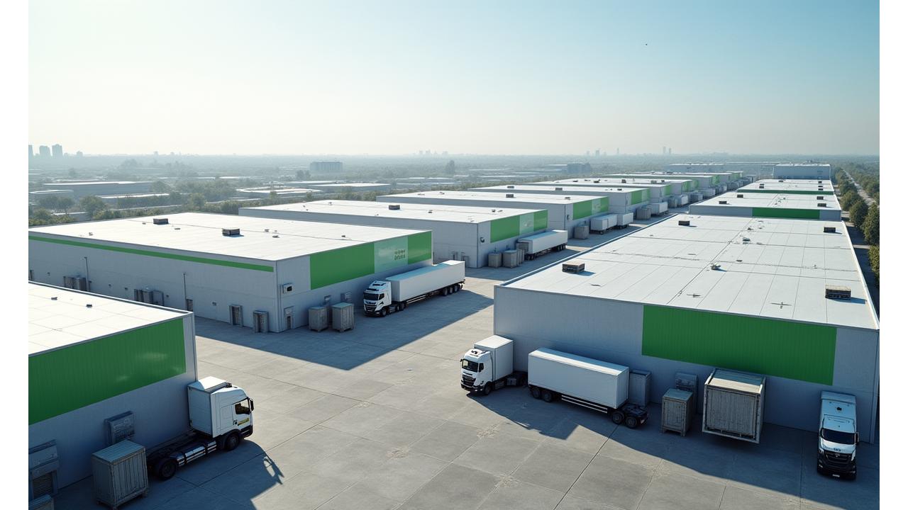 Large industrial manufacturing facility with shipping containers and trucks