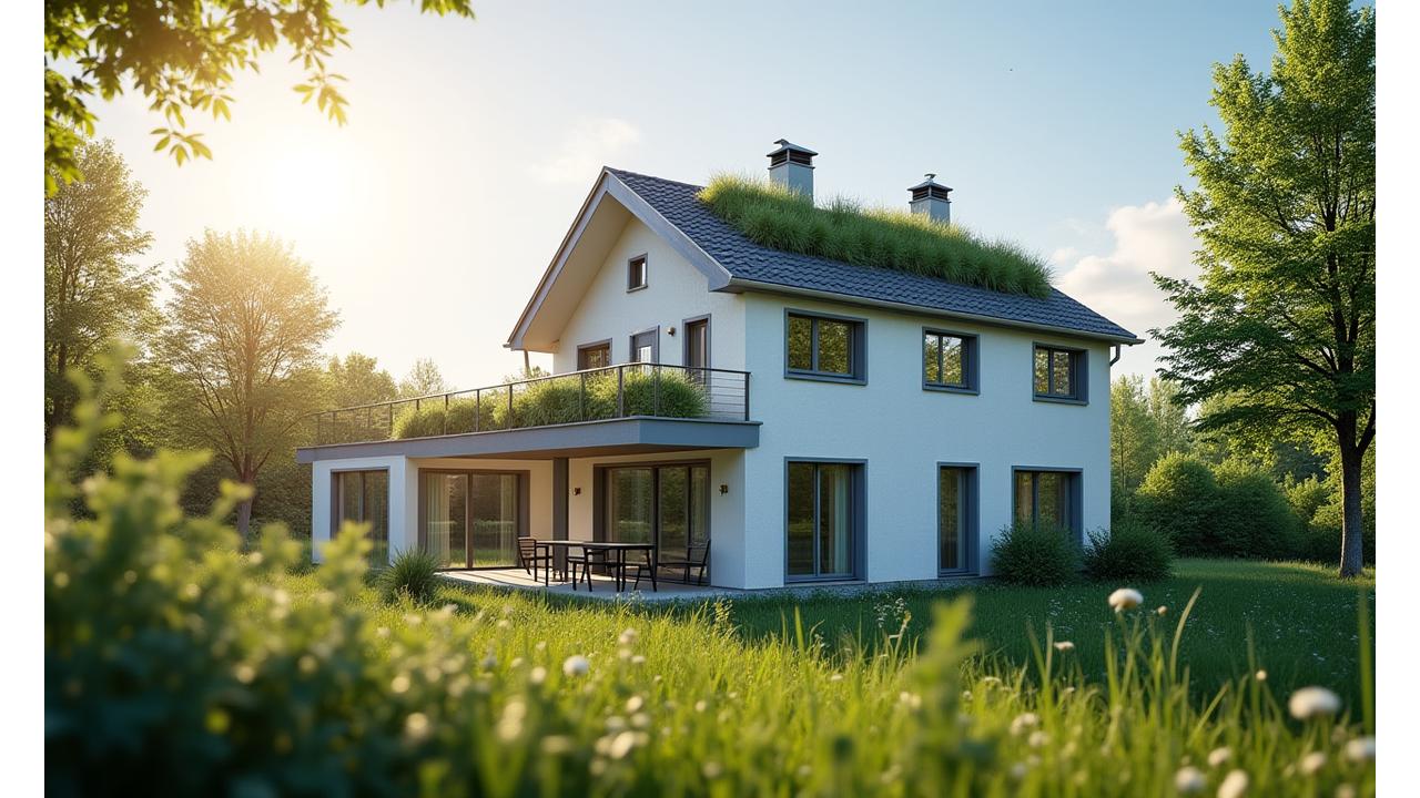 Modern energy-efficient family home with green lawn