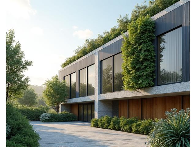 Green building solutions with solar panels and natural materials
