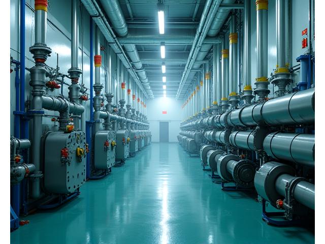 Industrial facility with visible steam from insulated pipes, showing energy efficiency