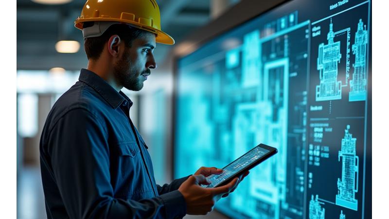 Engineer reviewing insulation blueprints with a tablet.
