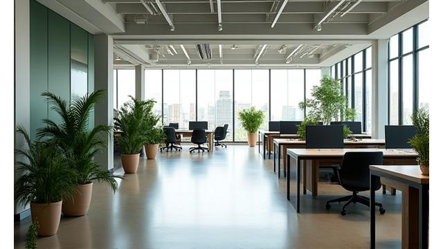 Interior of a contemporary modular office space with open plan layout and ample natural light.