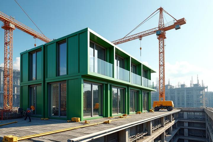 Modern modular building being assembled rapidly on a construction site, with a traditional construction site in the background showing slower progress.