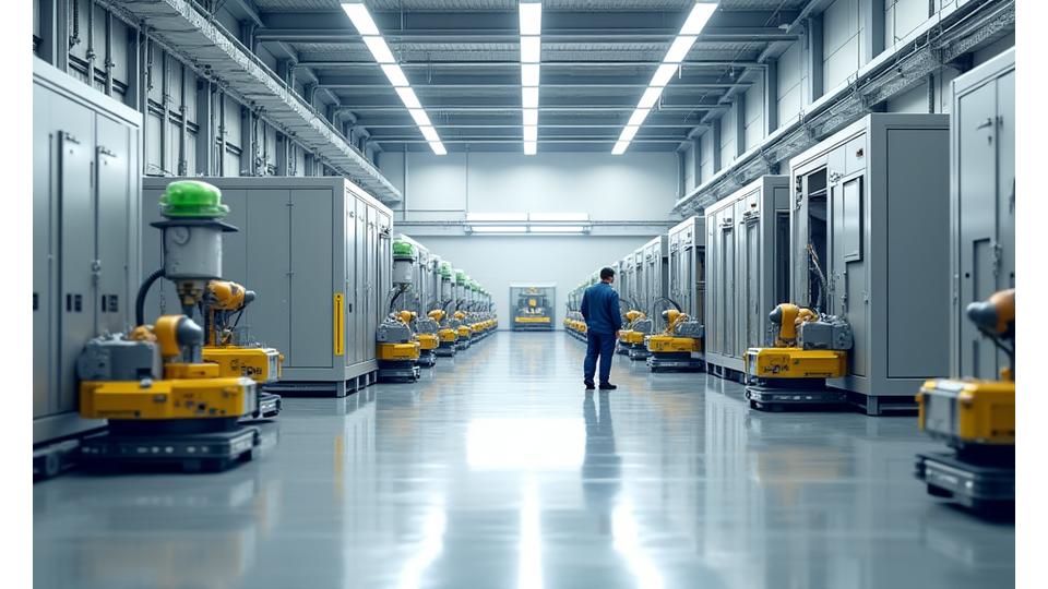 Modern, clean factory floor where modular building sections are being constructed with precision machinery.