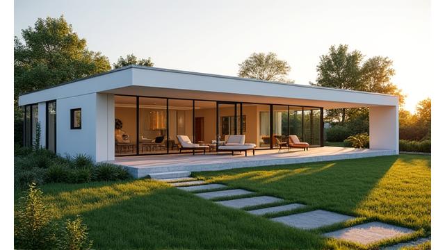 Exterior of a sleek, modern prefabricated home with large windows and a minimalist design.