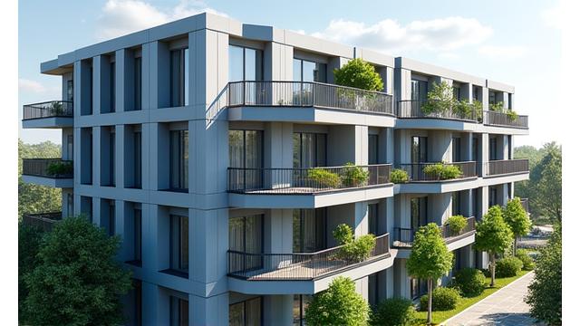 Rendered image of a multi-story modular apartment building with balconies and green spaces.