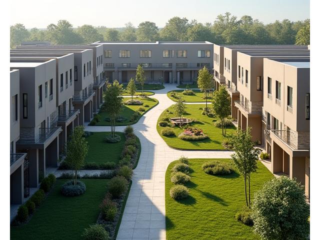 Aerial view of a newly developed, cohesive affordable housing community with green spaces