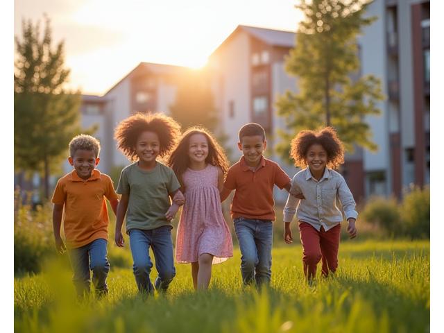 Children playing safely in a green park within a modern, well-maintained housing development