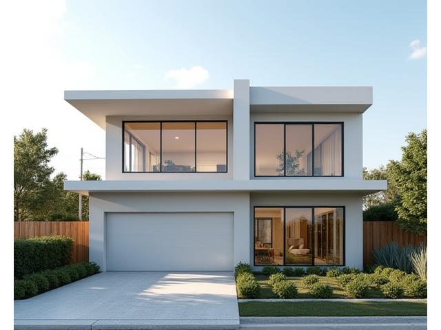 Exterior view of modern single-family home with large windows and lush landscaping