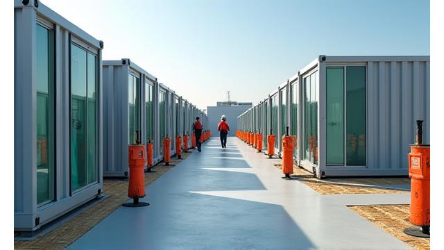 Modular office and storage units on a bustling construction site