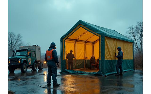 Emergency response team deploying a temporary shelter in a rain-swept area