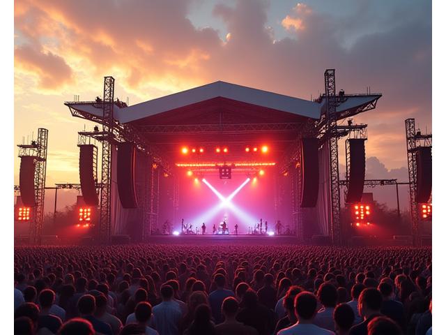 Large temporary stage structure with festival lighting at sunset