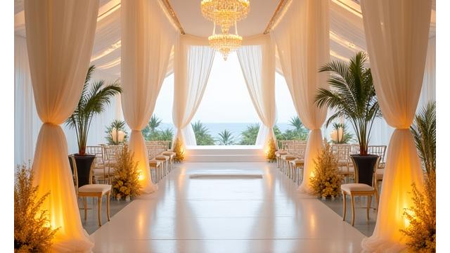 Elegant temporary event pavilion with lighting inside