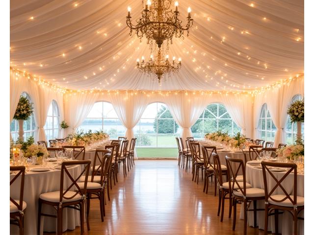 Elegant temporary wedding tent decorated with flowers and fairy lights